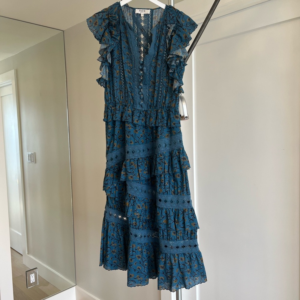 Sea Maxi Dress -  Blue with yellow flower print